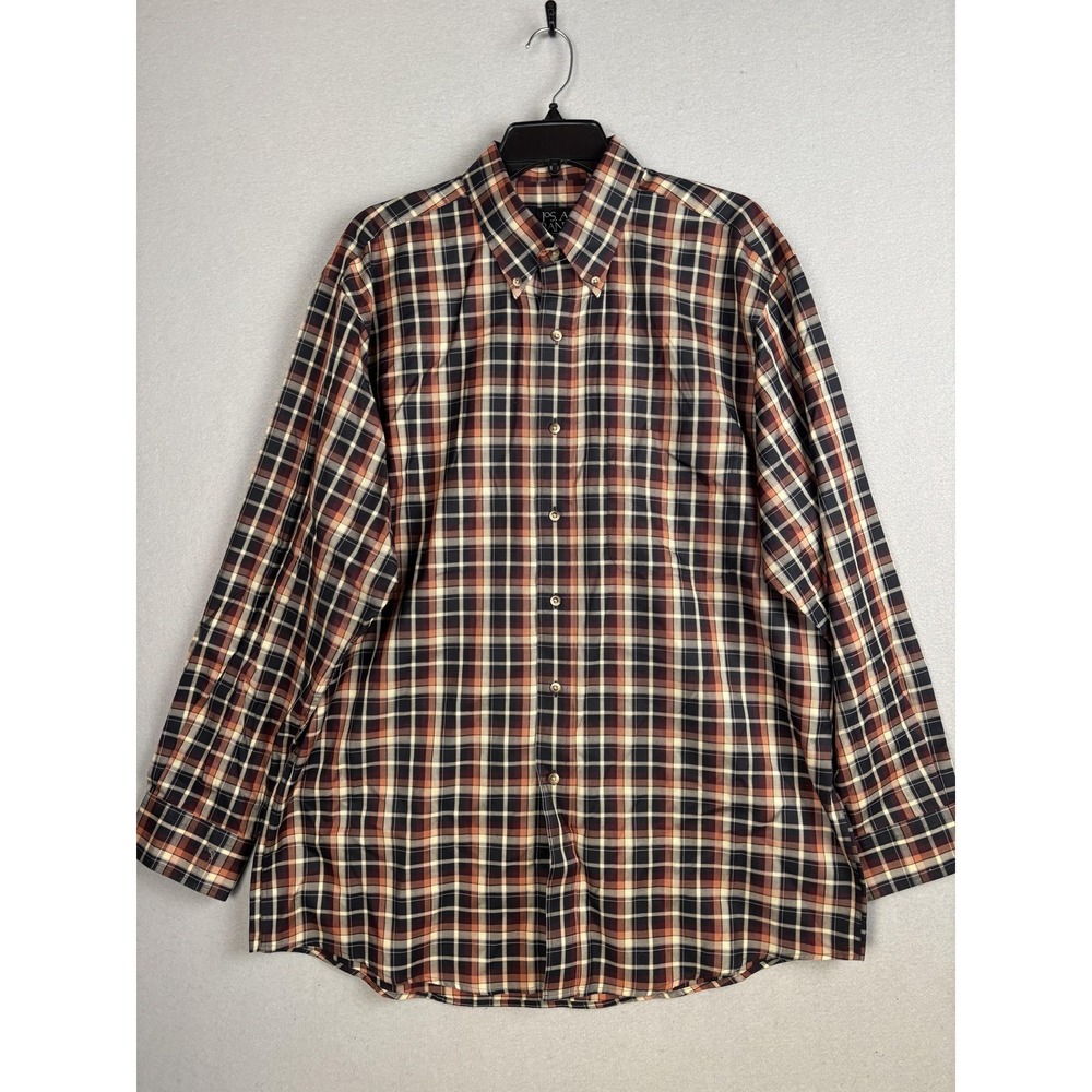 Jos A Bank Shirt Mens Large Brown Navy Plaid Traveler's Collection Button Down